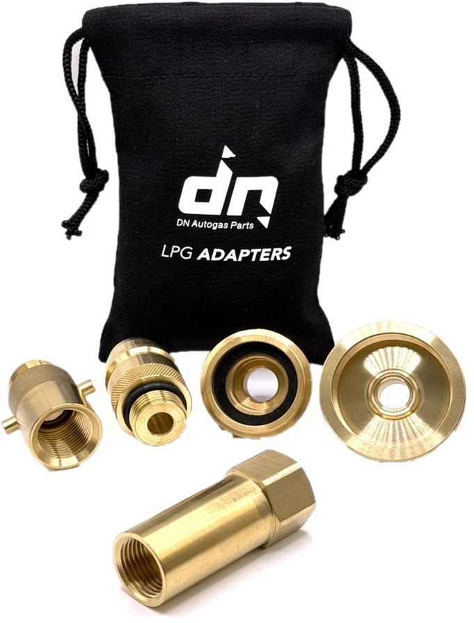 LPG Europos adapterių rinkinys 3/4" UNF (JIC) į M22 (21,8 mm), 5 dalių su DN Autogas Parts transportavimo krepšeliu