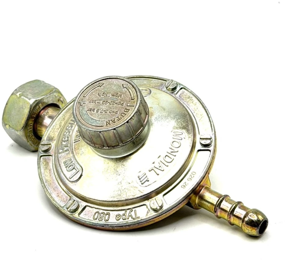 Reguliuojamas butano dujų slėgio reguliatorius 20–60 mbar, 21,8 mm LH, 8 mm žarnos jungtis