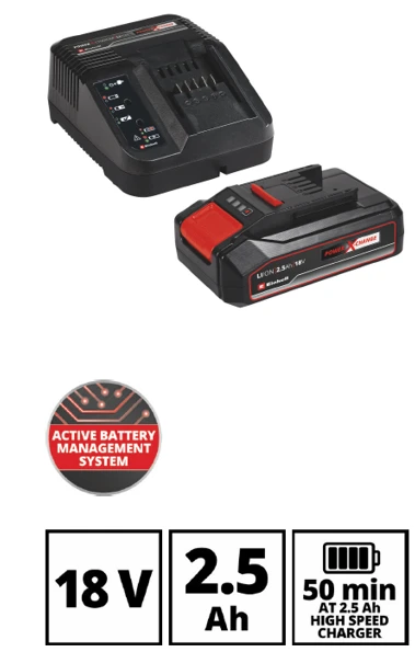 Einhell 18V akumuliatoriaus komplektas su techniniais parametrais