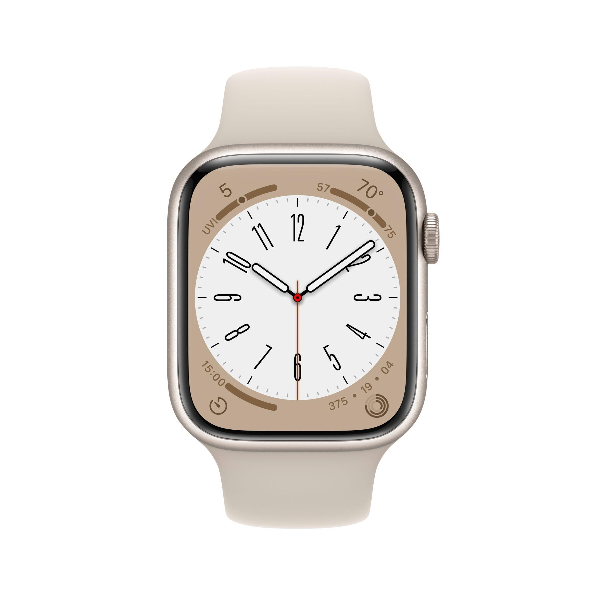 Išmanusis laikrodis Apple Watch Series 8 GPS, 45 mm, "Starlight" spalvos aliuminio korpusas su "Starlight" spalvos sportiniu dirželiu