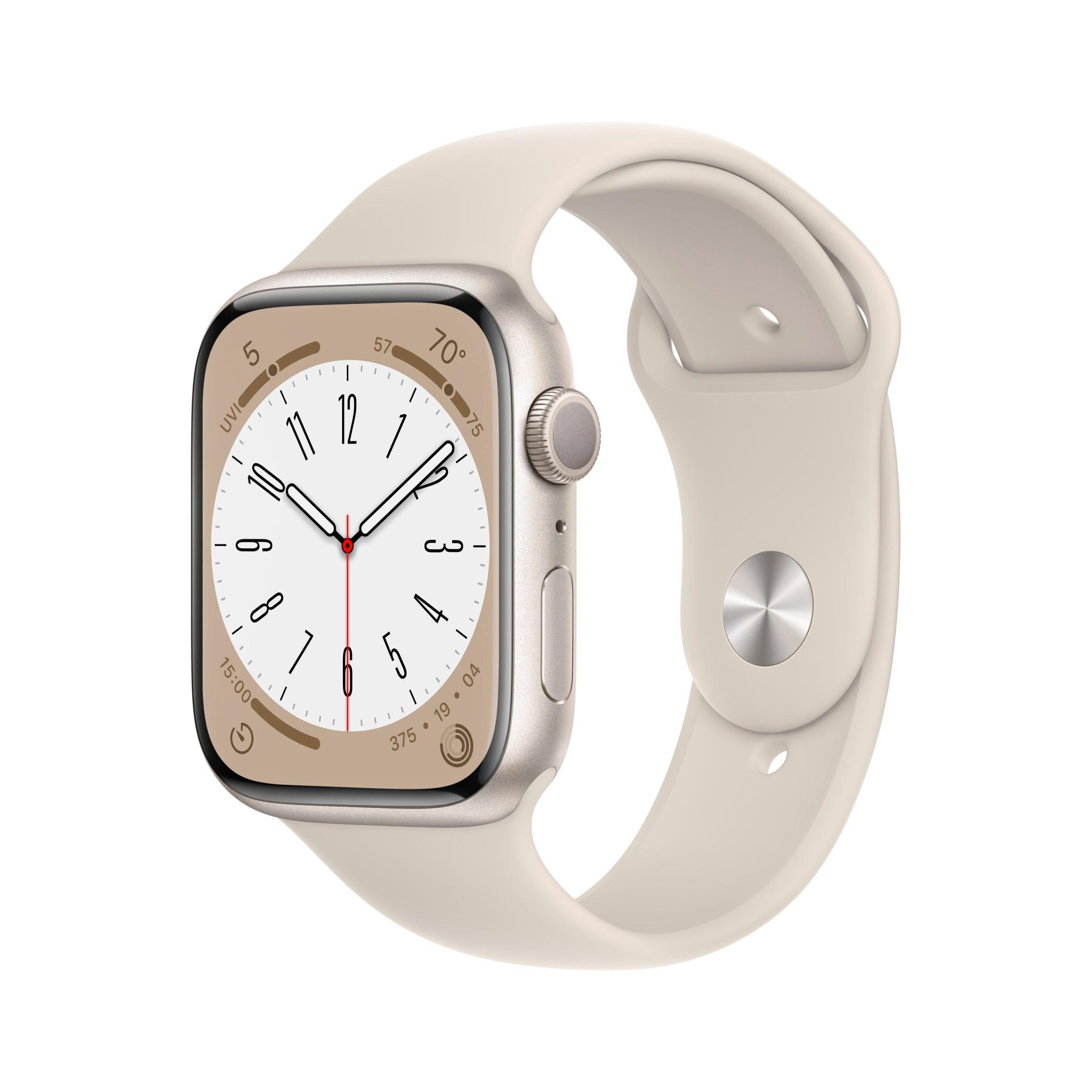 Išmanusis laikrodis Apple Watch Series 8 GPS, 45 mm, "Starlight" spalvos aliuminio korpusas su "Starlight" spalvos sportiniu dirželiu