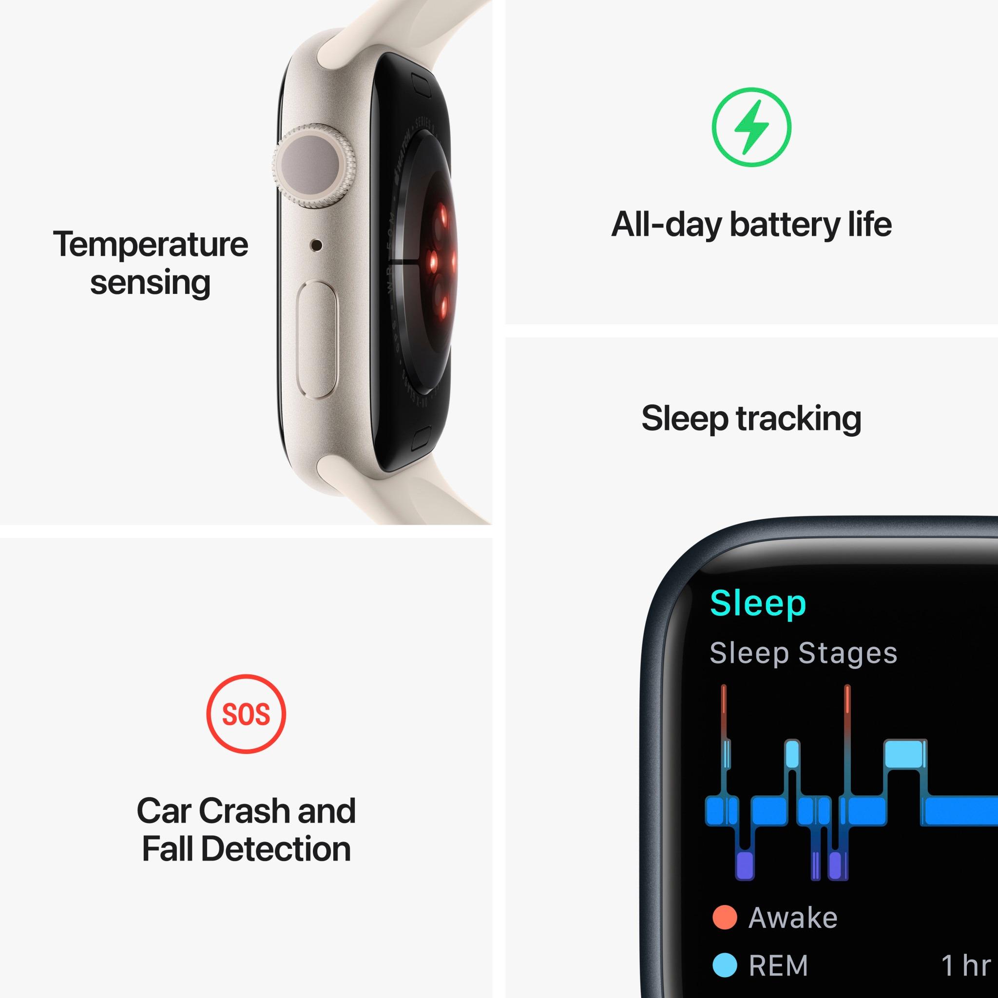 Išmanusis laikrodis Apple Watch Series 8 GPS, 45 mm, "Starlight" spalvos aliuminio korpusas su "Starlight" spalvos sportiniu dirželiu