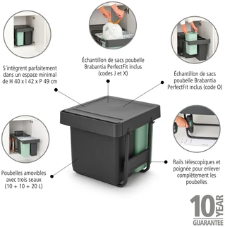 Brabantia šiukšlių dėžė, montuojama, Sort &amp; Go 10+10+20L