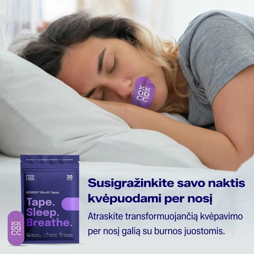 Burnos juosta miegui NOXNOX® – nuo knarkimo ir burnos džiūvimo, kvėpavimui per nosį, 30 vnt. pakuotėje