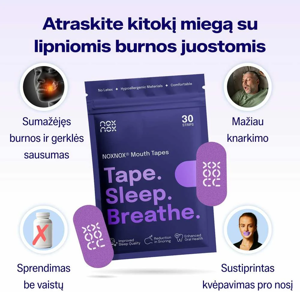 Burnos juosta miegui NOXNOX® – nuo knarkimo ir burnos džiūvimo, kvėpavimui per nosį, 30 vnt. pakuotėje