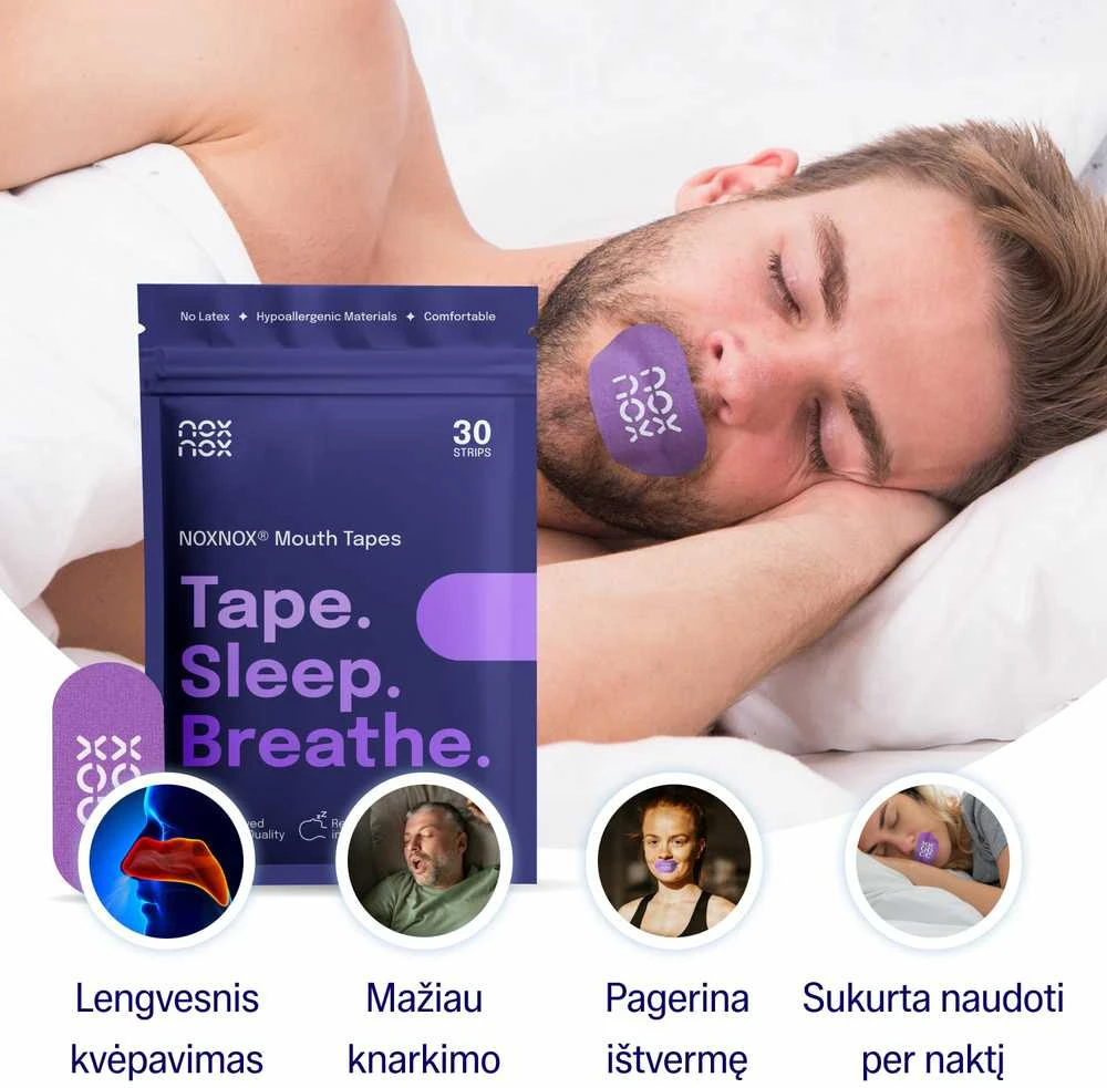 Burnos juosta miegui NOXNOX® – nuo knarkimo ir burnos džiūvimo, kvėpavimui per nosį, 30 vnt. pakuotėje