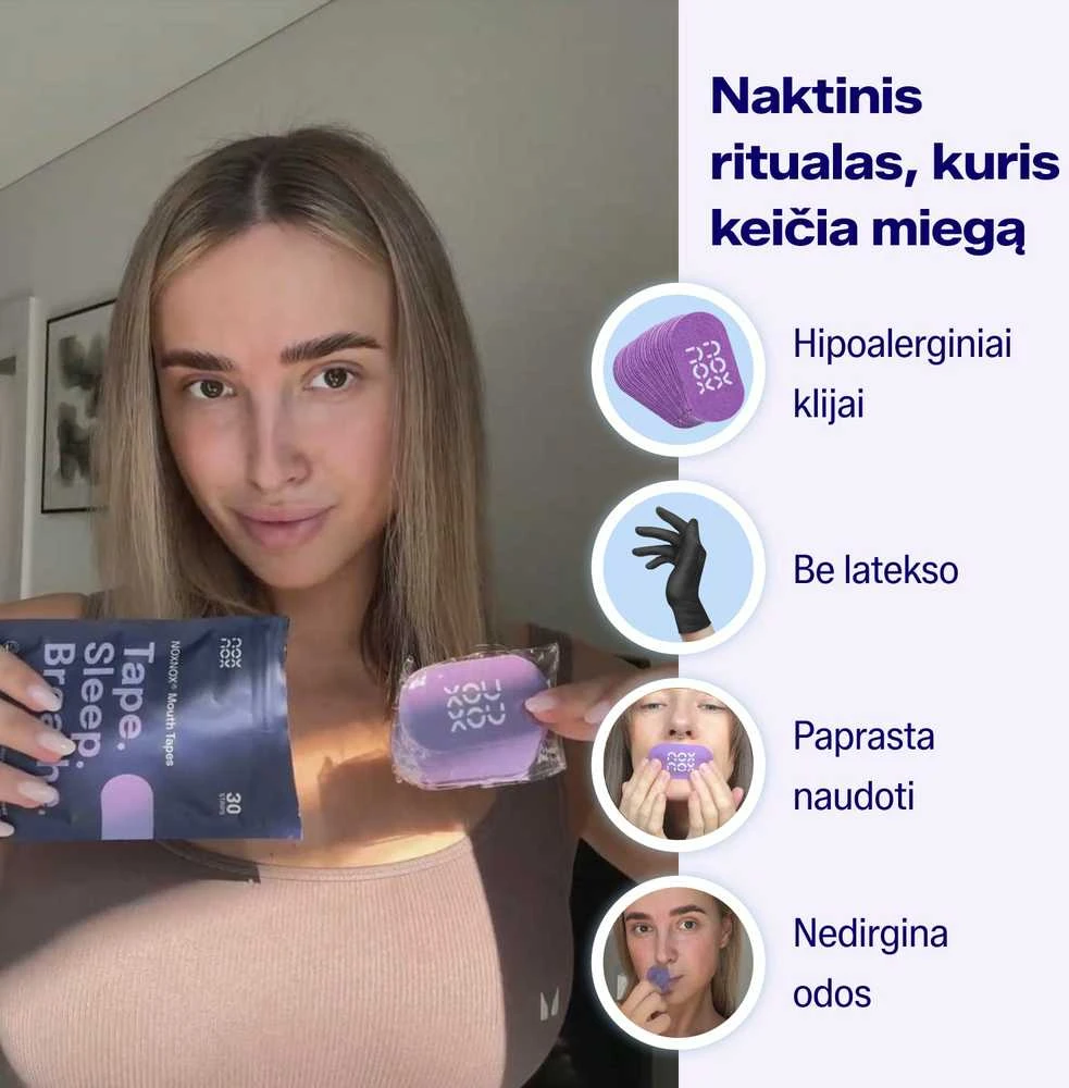 Burnos juosta miegui NOXNOX® – nuo knarkimo ir burnos džiūvimo, kvėpavimui per nosį, 30 vnt. pakuotėje