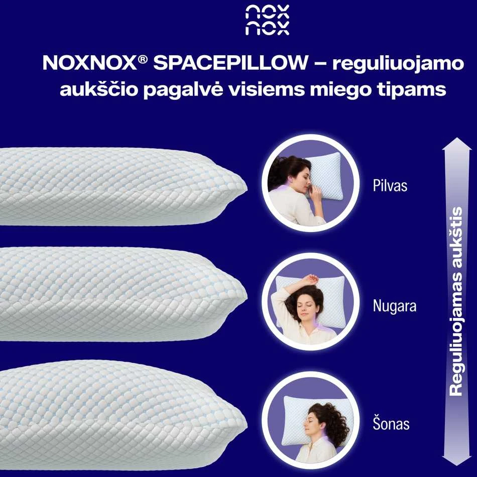 Ergonominė atminties putų pagalvė „NOXNOX® Spacepillow“, 50×70 cm – reguliuojamo aukščio ir minkštumo