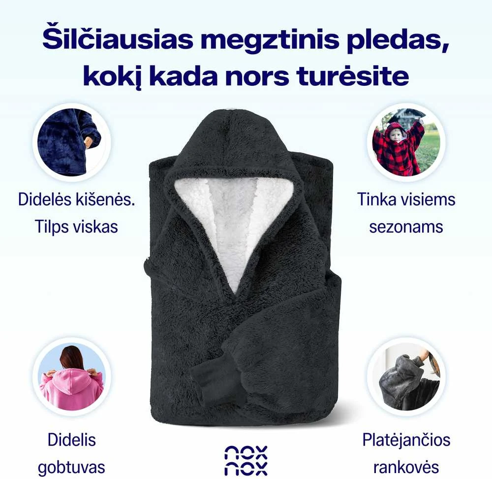 Megztinis pledas NOXNOX® Hoodie Blanket – šiltas džemperis antklodė moterims