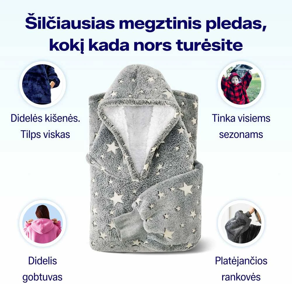 Megztinis pledas NOXNOX® Hoodie Blanket – šiltas džemperis antklodė Stars