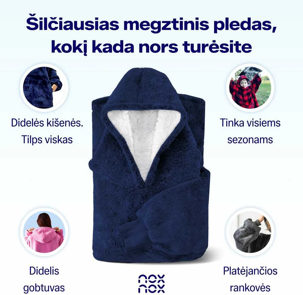 Megztinis pledas vyrams NOXNOX® Hoodie Blanket – šiltas džemperis antklodė su „Sherpa“ pamušalu, vienas dydis visiems