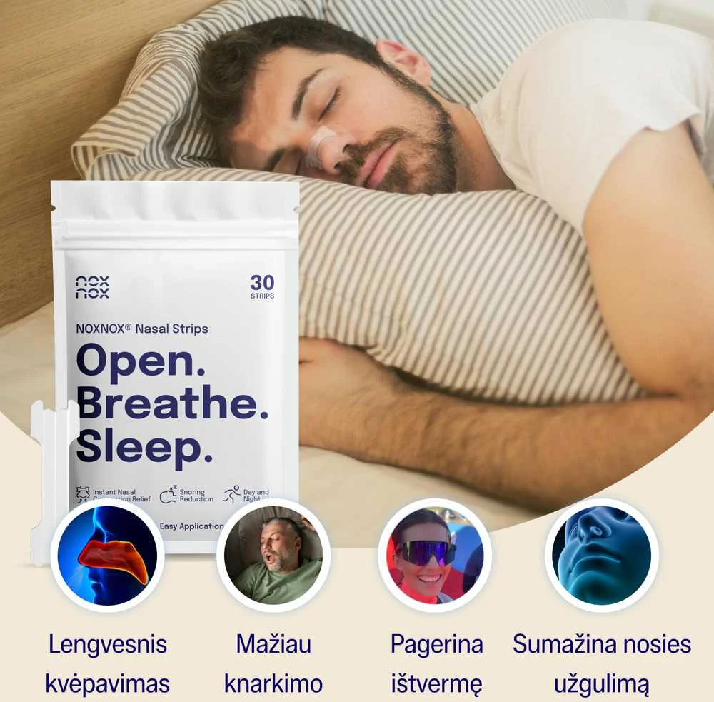 Nosies juostelės NOXNOX® – nuo knarkimo, lengvam kvėpavimui ir sportui, 30 vnt. pakuotėje