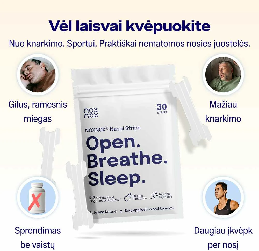 Nosies juostelės NOXNOX® – nuo knarkimo, lengvam kvėpavimui ir sportui, 30 vnt. pakuotėje