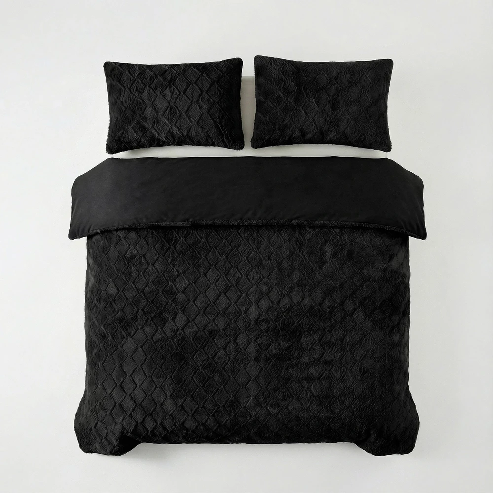 Patalynės komplektas Sleeptime pliušinė patalynė iš dirbtinio kailio Faux Fur Syon – minkšta, šilta, antialerginė, juoda (200x220cm)
