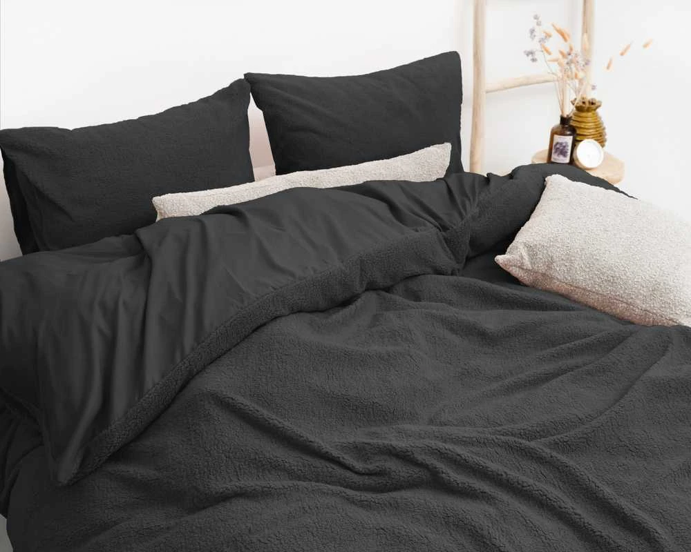 Patalynės komplektas Pliušinė patalynė Sleeptime Teddy antracito spalvos 200×220 cm, su 2 pagalvių užvalkalais