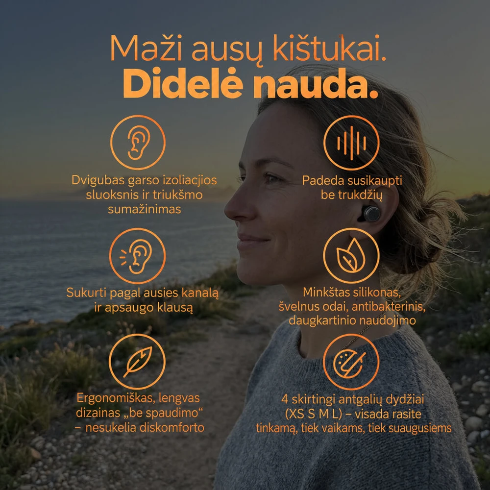 Quiet Ausų kištukai miegui ant šono Flat – 25–28 dB, 4 dydžių antgaliai, CE sertifikuoti
