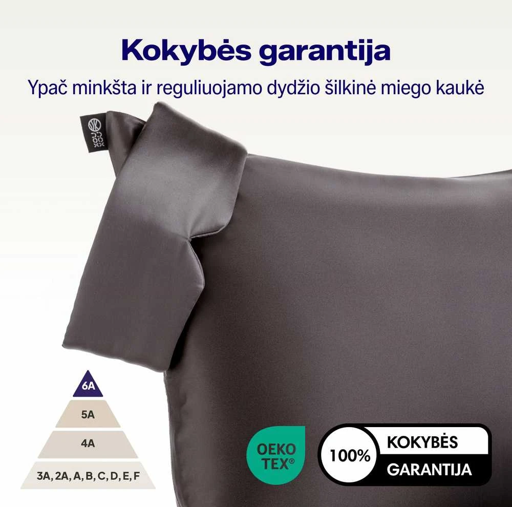 Šilkinė miego kaukė NOXNOX 100% Mulberry šilkas juoda spalva reguliuojama