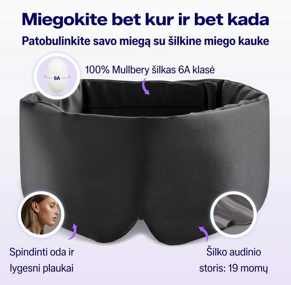 Šilkinė miego kaukė NOXNOX 100% Mulberry šilkas juoda spalva reguliuojama