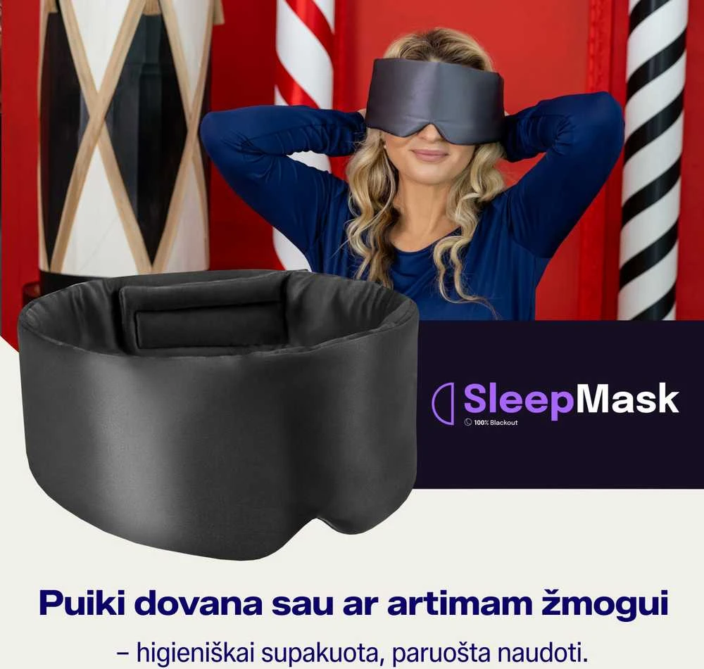 Šilkinė miego kaukė NOXNOX 100% Mulberry šilkas juoda spalva reguliuojama