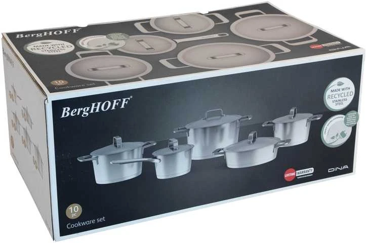 BergHOFF 10 dalių puodų rinkinys - perdirbto nerūdijančio plieno indai su dangčiais visų tipų viryklėms, tinka indukcijai