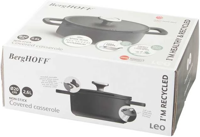 BergHOFF 20 cm troškintuvas - Phantom serija su silikoninėmis rankenomis ir stikliniu dangčiu su sieteliu