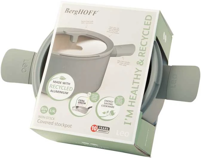 BergHOFF 24 cm aukštas puodas su dangčiu - Balance Moonmist su nepridegančia danga ir stiklo dangčiu su šaukšto laikikliu