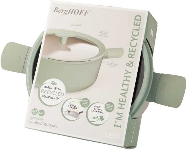 BergHOFF 28 cm puodas su dangčiu - Balance Sage nepridegantis aliuminio puodas su šaukšto laikikliu ir stiklo dangčiu