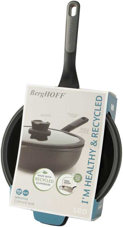 BergHOFF 28 cm wok keptuvė su dangčiu - Stone+ serija su indukciniu pagrindu ir stikliniu dangčiu su sieteliu