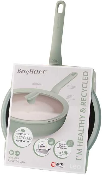 BergHOFF 28 cm wok keptuvė su dangčiu - Balance Sage su nepridegančia danga, dangtis su šaukšto laikikliu ir nupylimo anga