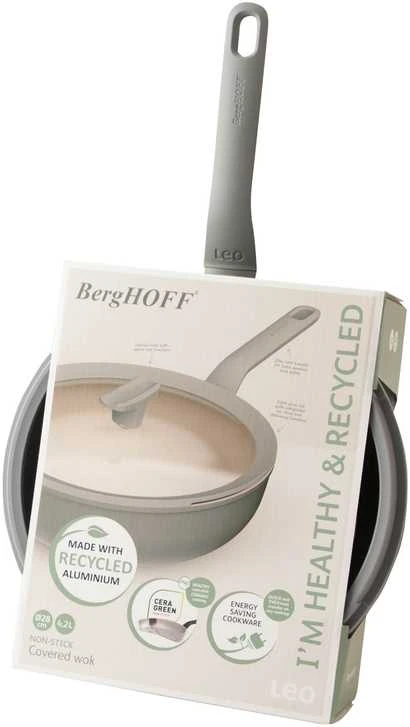 BergHOFF 28 cm wok keptuvė su dangčiu - Balance Moonmist maišymui keptuvė su stiklo dangčiu ir nupylimo funkcija