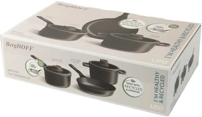 BergHOFF 5 dalių puodų rinkinys - Uqonic Downdraft serija su nepridegančia danga ir stikliniu dangčiu su sieteliu