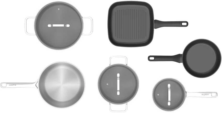 BergHOFF 6 dalių puodų rinkinys - Uqonic kolekcija su plieno ir keramikos keptuvėmis, tinkamas indukcijai, lengvai valomas
