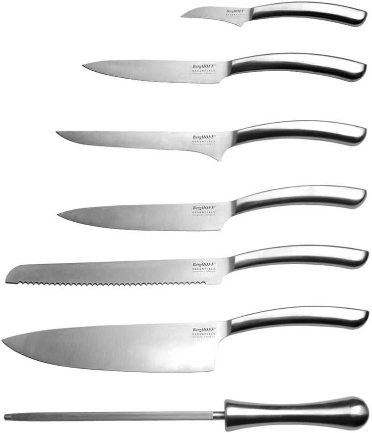 BergHOFF 8 dalių peilių blokas - medinis blokas su 6 nerūdijančio plieno peiliais ir įmontuotu galąstuvu