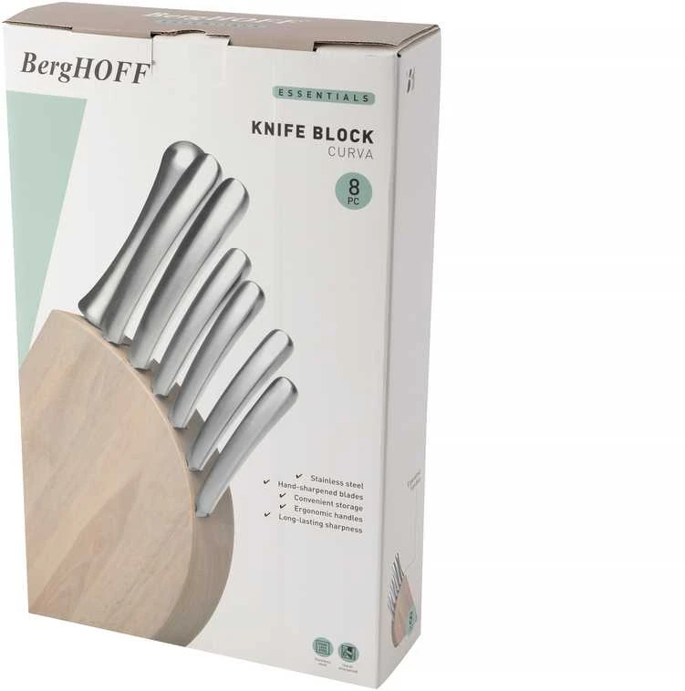BergHOFF 8 dalių peilių blokas - medinis blokas su 6 nerūdijančio plieno peiliais ir įmontuotu galąstuvu