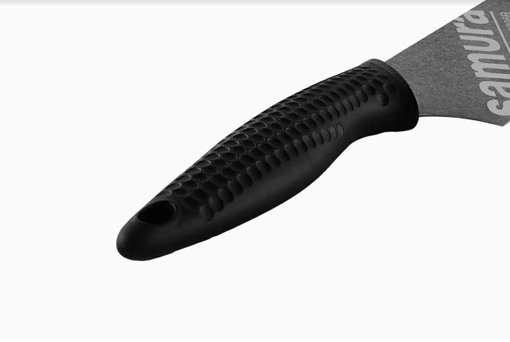 Samura GOLF Stonewash Santoku 180 mm – AUS-8 58 HRC, juodas ergonom. rankena, universalus virtuvės peilis