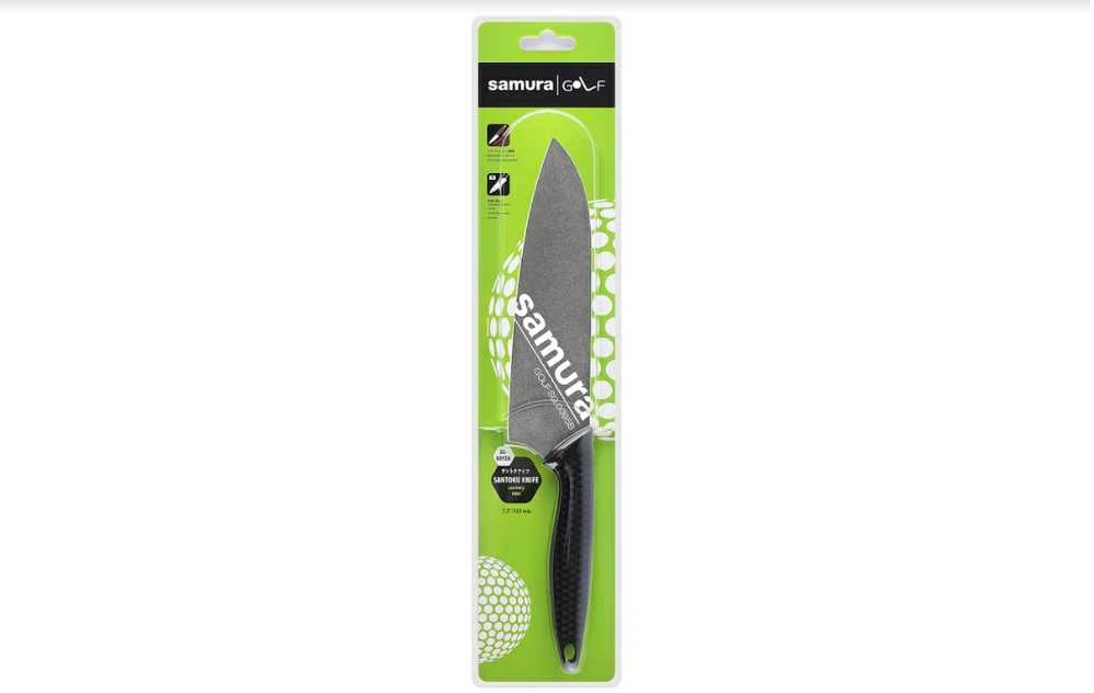 Samura GOLF Stonewash Santoku 180 mm – AUS-8 58 HRC, juodas ergonom. rankena, universalus virtuvės peilis