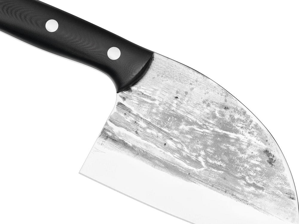 Samura MAD BULL serbiškas šefo peilis 145 mm (5,7") – išgaubtas ašmuo, aukšto anglingumo plienas, juoda rankena, profesionalus virtuvės kapoklis