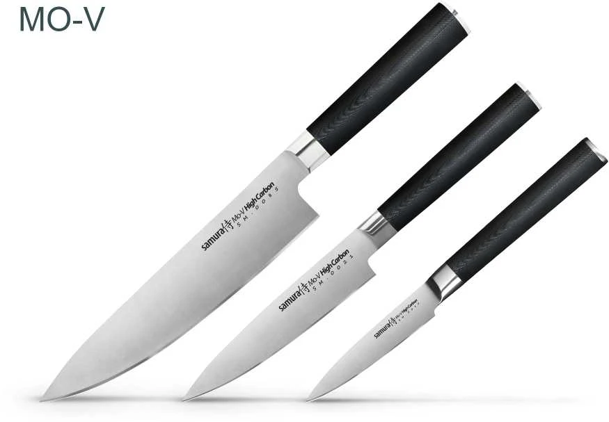 Samura MO-V rinkinys 3vnt. peiliai Pjovimas 90mm / Naudingumas 125mm / Virėjos 200mm iš AUS 8 Japoniškas plienas 59 HRC
