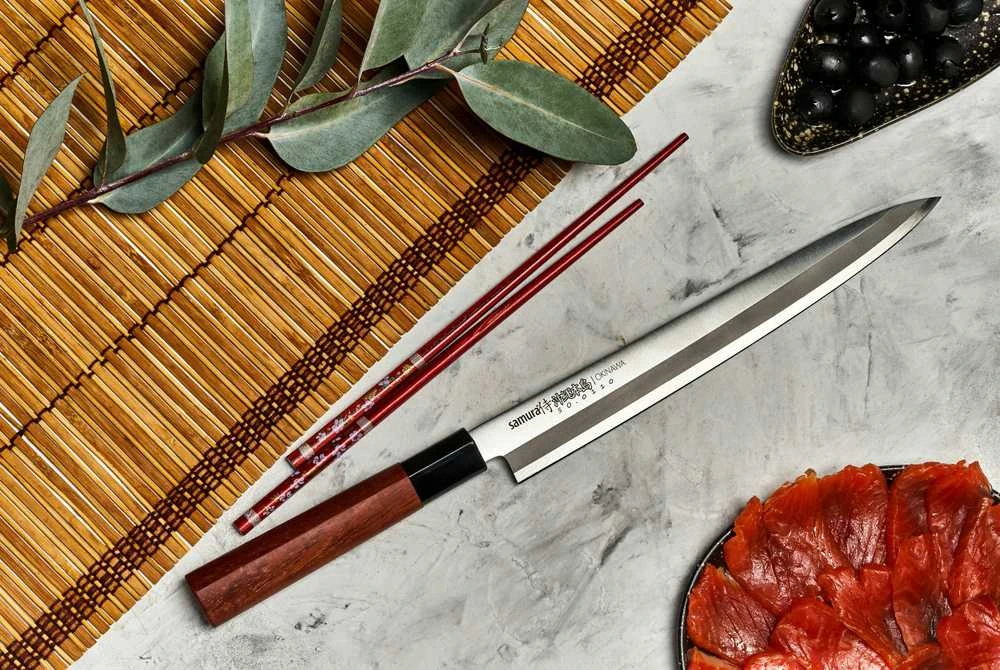 Samura Okinawa Stonewash Kitchen Yanagiba peilis 240mm from AUS 8 Japanese steel 58 HRC