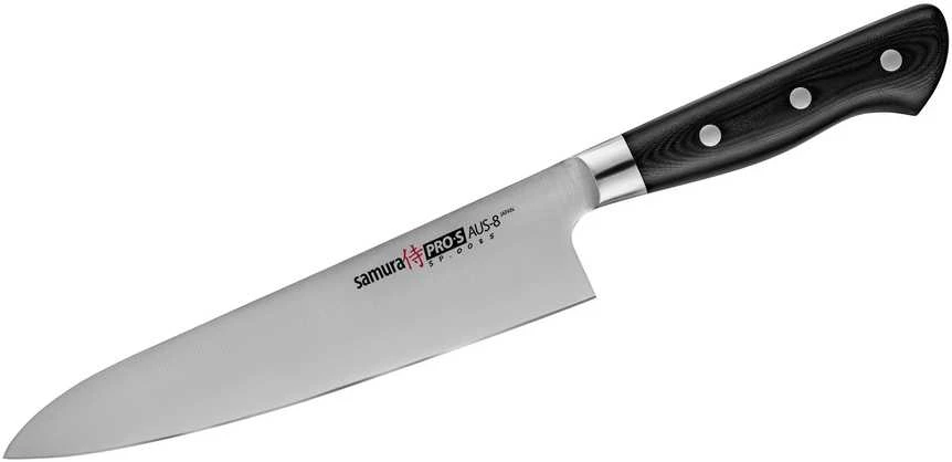Samura PRO-S 3 peilių rinkinys: Paring peilis 88mm / Utility peilis 145mm / European Chef's peilis 200mm iš AUS 8 Japoniškas plienas 58 HRC DOVANŲ DĖŽELĖJE