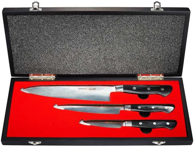 Samura PRO-S 3 peilių rinkinys: Paring peilis 88mm / Utility peilis 145mm / European Chef's peilis 200mm iš AUS 8 Japoniškas plienas 58 HRC DOVANŲ DĖŽELĖJE