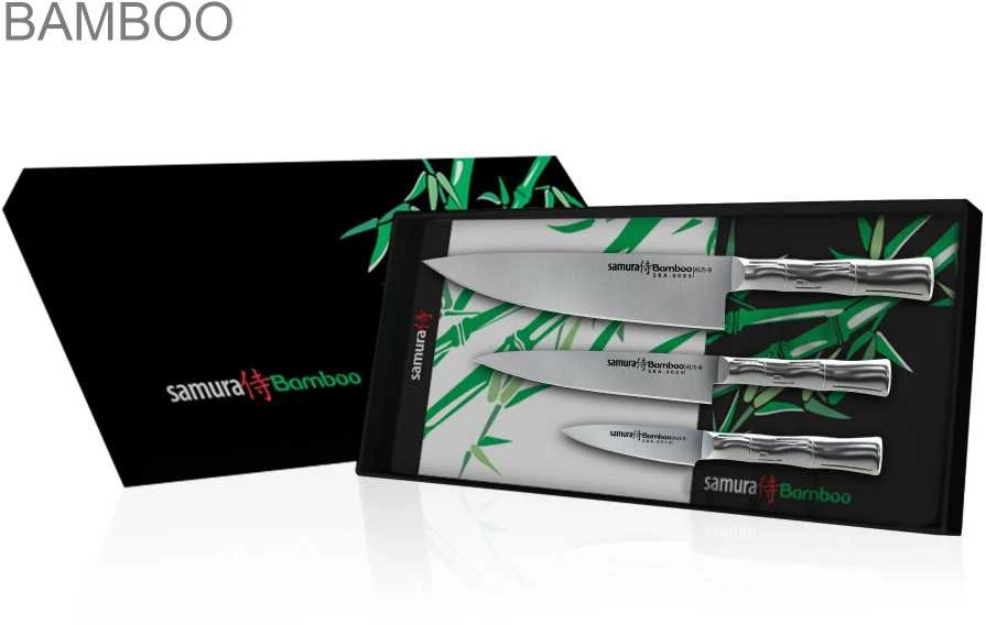 Samura BAMBOO Сhef's Essential peilių rinkinys iš 3 vnt.: Pjovimo peilis / Naudingas peilis / Šefas iš AUS 8 Japoniško plieno 59 HRC