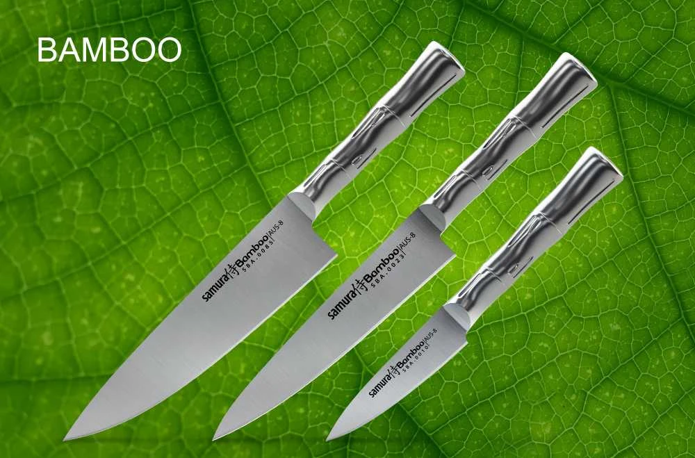 Samura BAMBOO Сhef's Essential peilių rinkinys iš 3 vnt.: Pjovimo peilis / Naudingas peilis / Šefas iš AUS 8 Japoniško plieno 59 HRC