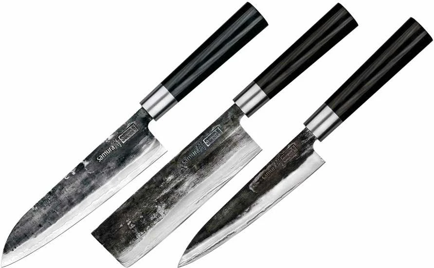 Samura SUPER 5 Rinkinyje 3vnt. peiliai Utility 162mm / Nakiri 168mm / Santoku 182mm iš AUS 10 Damasko plieno 60 HRC (5 sluoksniai)