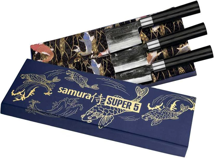 Samura SUPER 5 Rinkinyje 3vnt. peiliai Utility 162mm / Nakiri 168mm / Santoku 182mm iš AUS 10 Damasko plieno 60 HRC (5 sluoksniai)