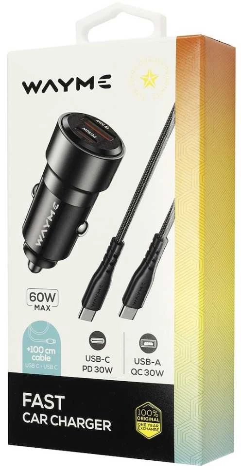 WAYME Automobilinis įkroviklis 12/24V, USB 30W + USB-C PD 30W + USB-C > USB-C 100 cm cable, max 60W