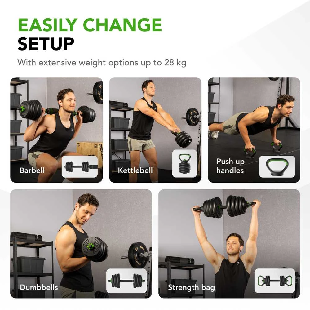 None Svarmenų rinkinys TUNTURI Vinyl Barbell & Dumbbell set (20 / 28 kg) (Svoris: 28 kg)