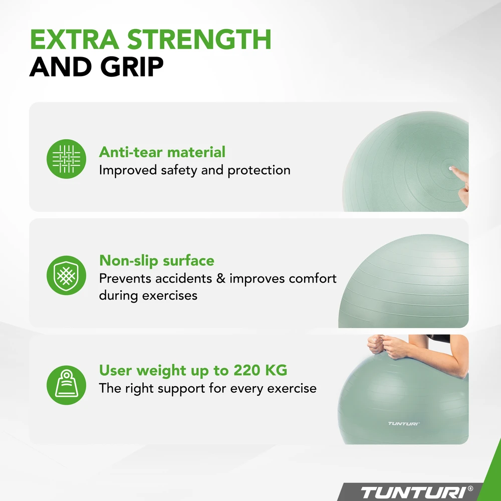 Tunturi Anti Burst gimnastikos kamuolys su pompa, 65 cm, mėtų spalvos