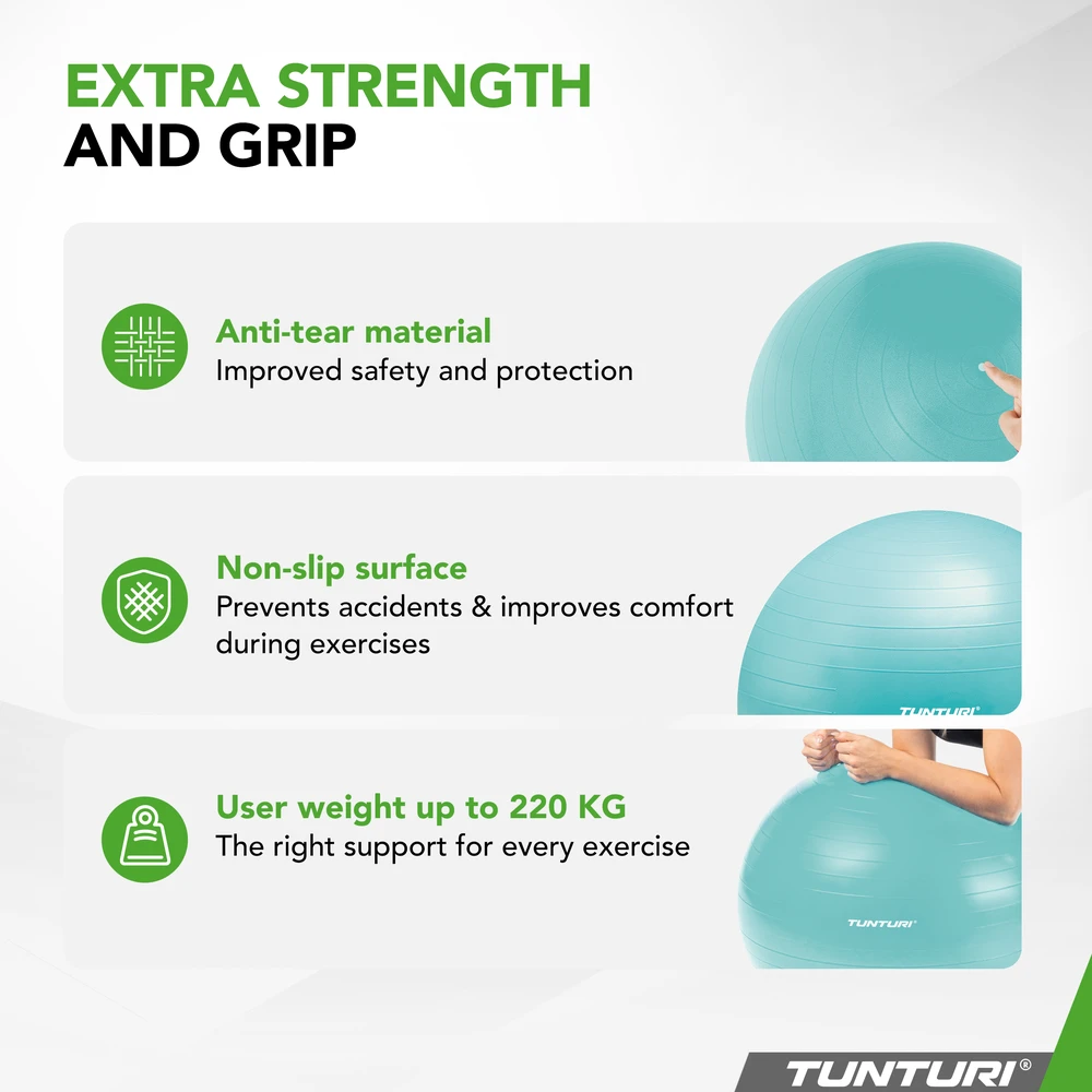 Gimnastikos kamuolys Tunturi Gymball 65–75 cm, Turquoise, Anti Burst (Diametras: 75 cm)