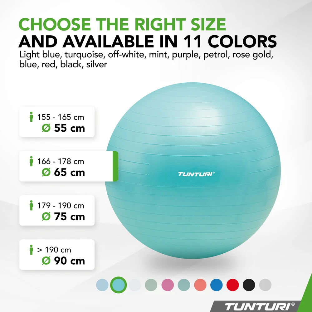 Gimnastikos kamuolys Tunturi Gymball 65–75 cm, Turquoise, Anti Burst (Diametras: 75 cm)